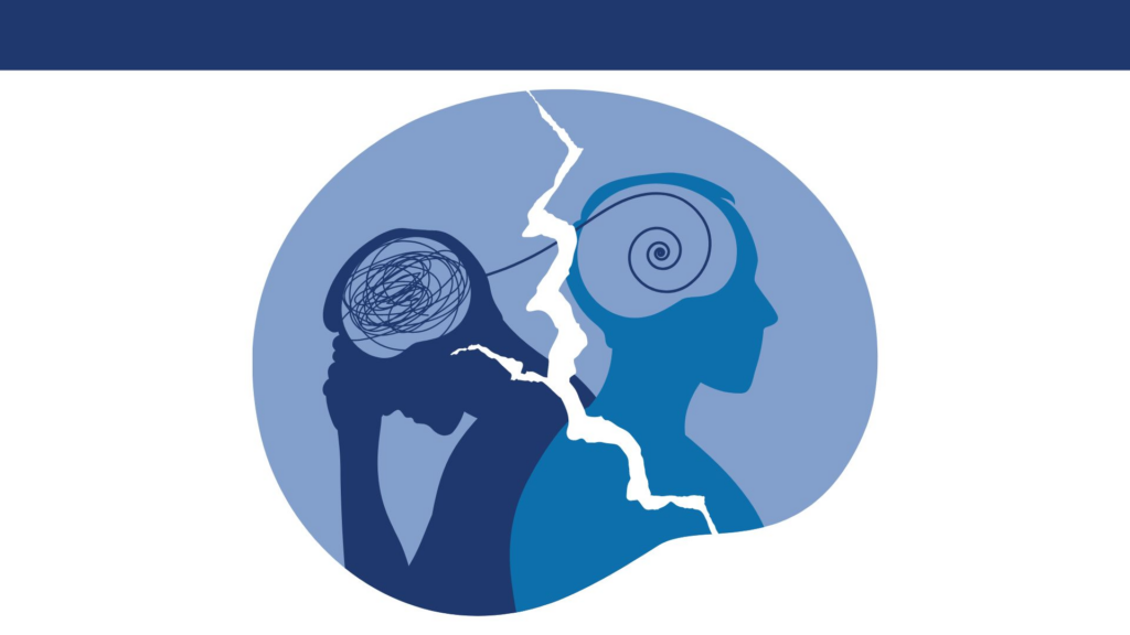 An illustration shows the outline of a brain that is cracked in half, with shadows of two people deep in thought.