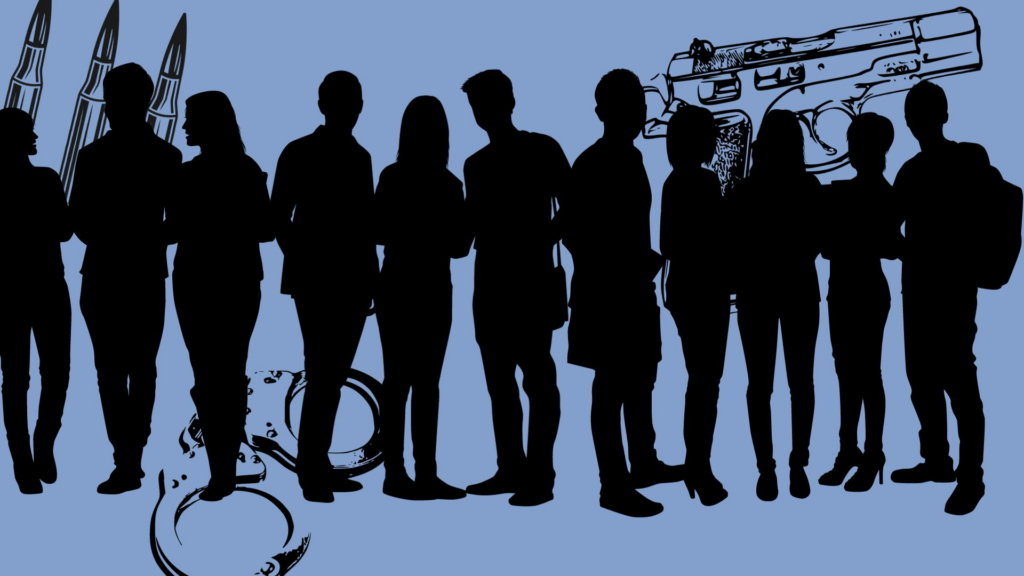 An illustration for community violence, showing the silhouette of 11 students standing in front of bullets, a gun and handcuffs.