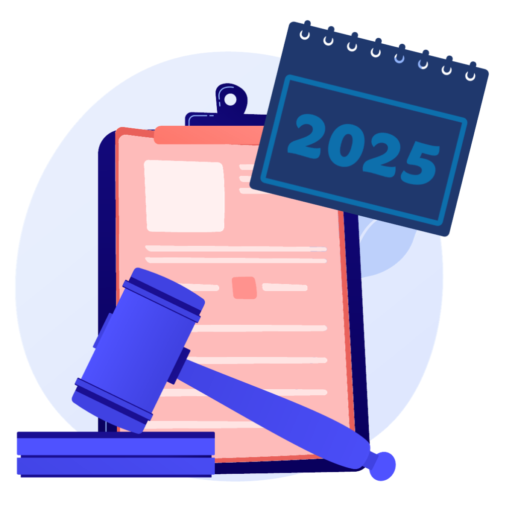Illustration representing proposed changes to the Mental Health Parity Act, shows a gavel, document on a clipboard and a 2025 calendar.