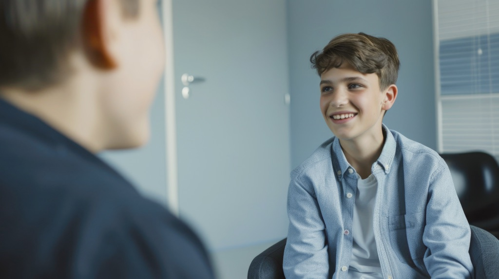 A smiling teenage boy talking with a counselor