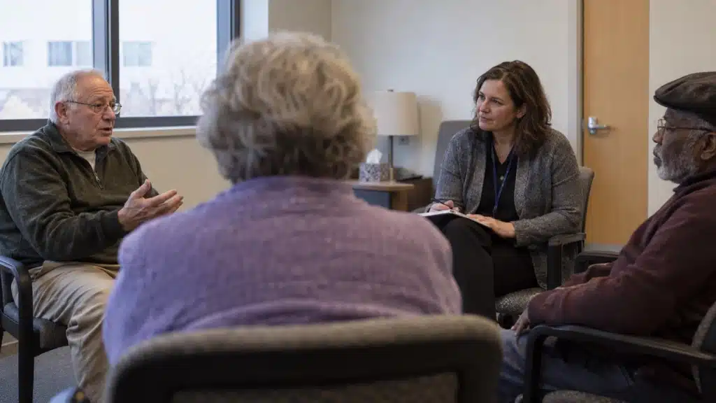 Older adults in a group therapy session with a counselor